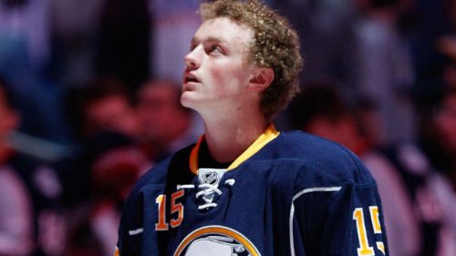 Jack Eichel looks toward the rafters during the National anthem prior to a game vs. the Boston Bruins